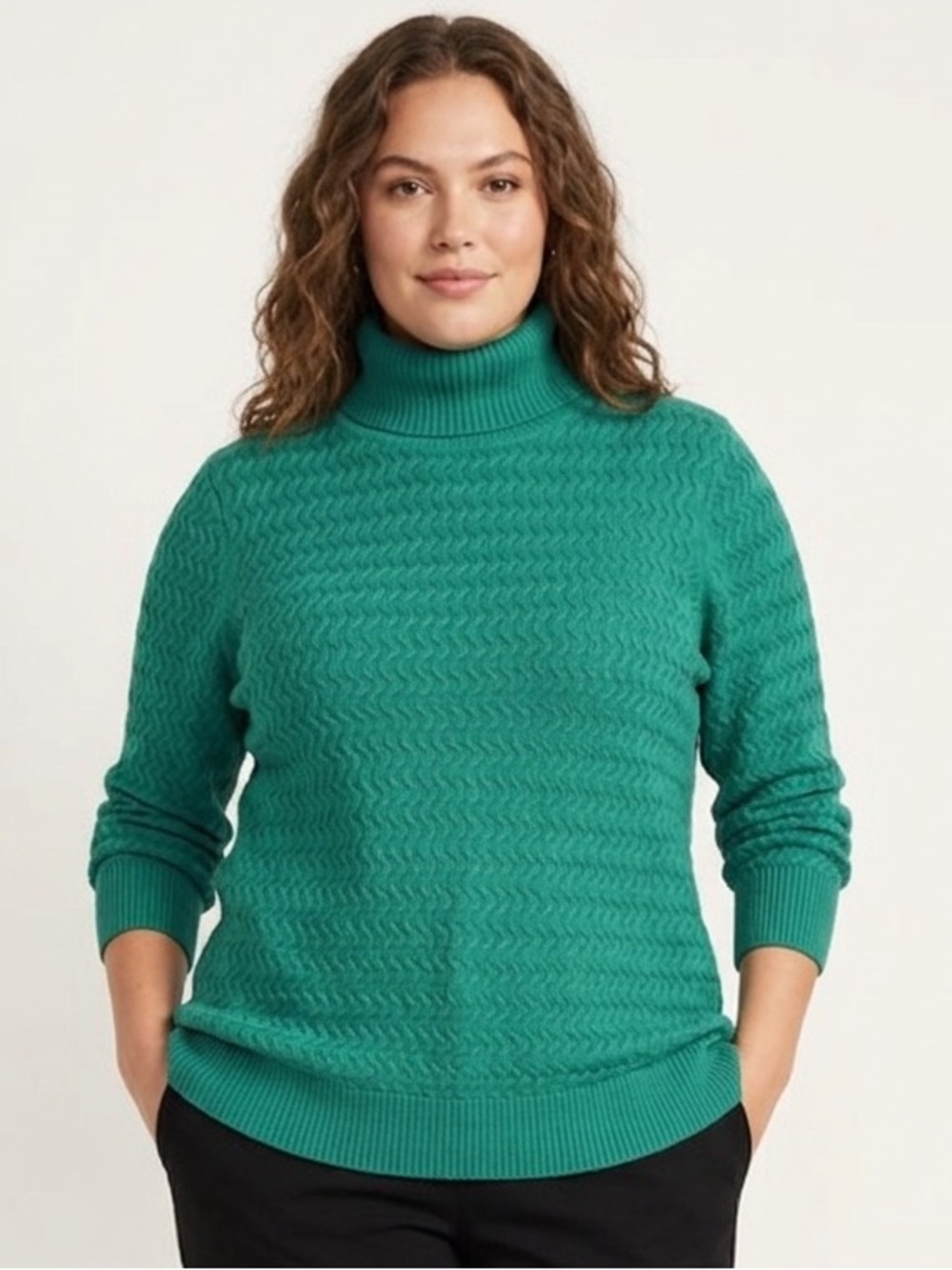 Lands' End Cotton Knit Green Turtleneck Sweater